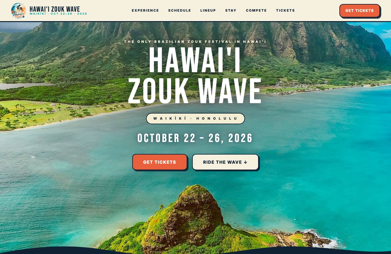 The Hawai'i Zouk Wave website: Waikīkī, October 22 to 26, 2026